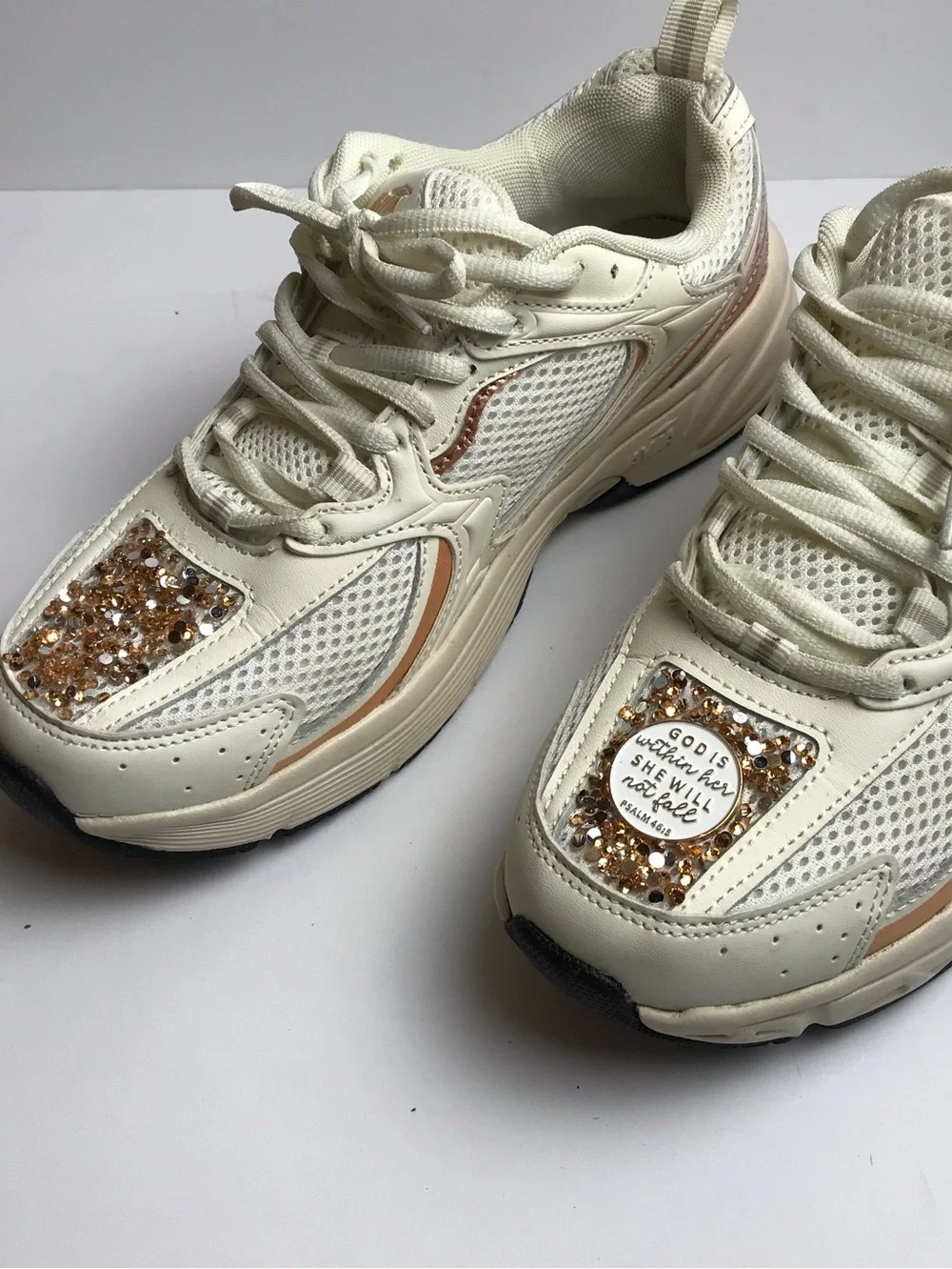Avia Cream Lace-Up Platform Sneakers with Gold Crystal Accents